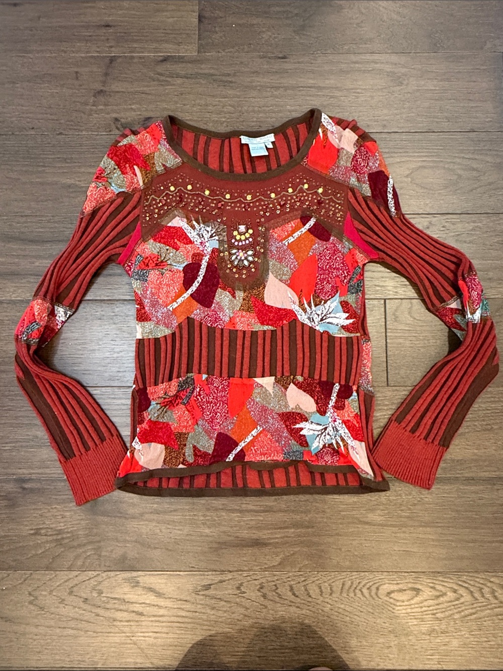 Alberto Makali Mixed Media Patchwork and Beaded Top Size Medium - C69-045